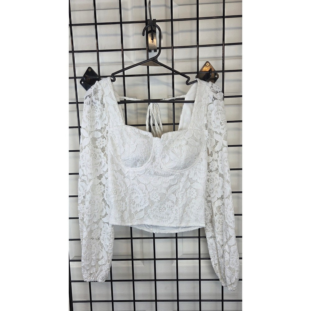 Size 4 White Floral Lace Bustier Crop Top Long Sleeve Corset Cream Boho Festival